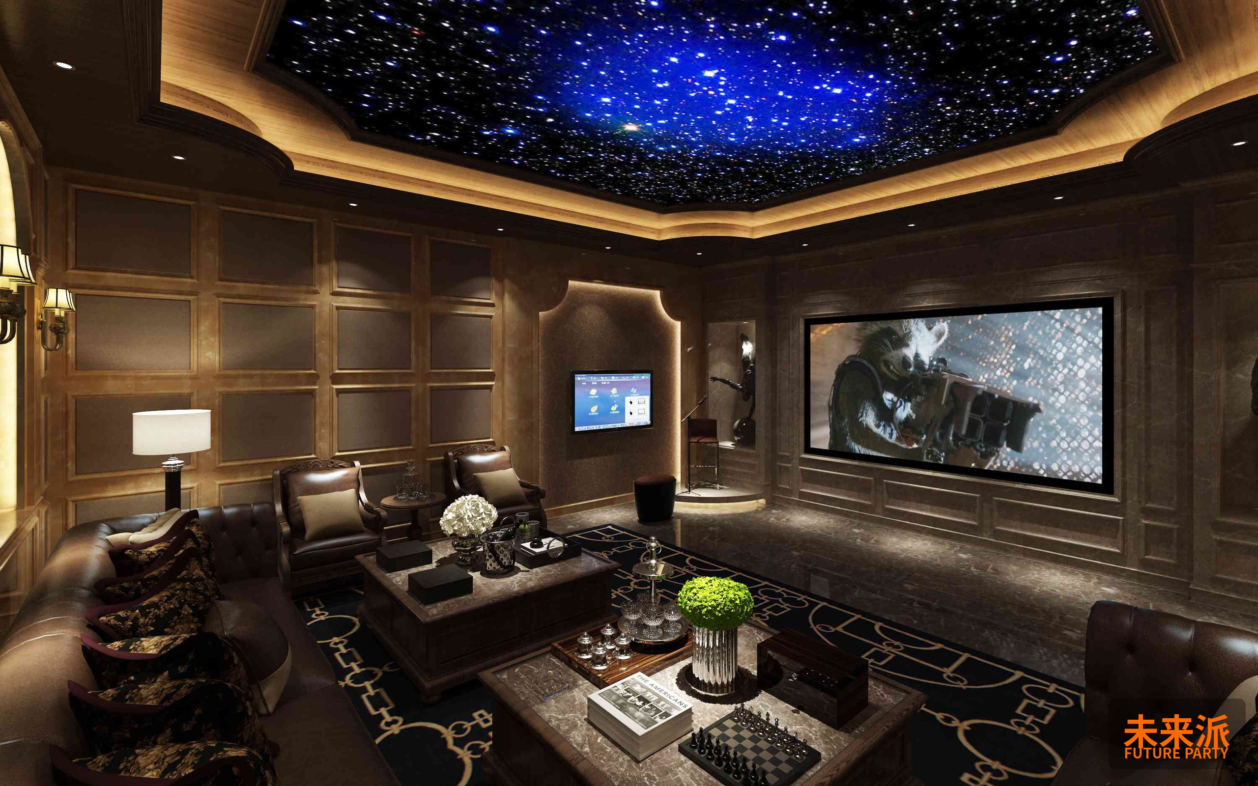 未来派视听打造的黑金气派私人影院全景，蓝色星空顶